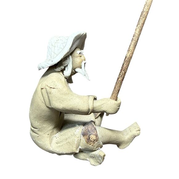 Chinese Shiwan Fisherman Figurine Mudman Fishing Pole Oriental Clay Pottery 2" - Picture 8 of 13